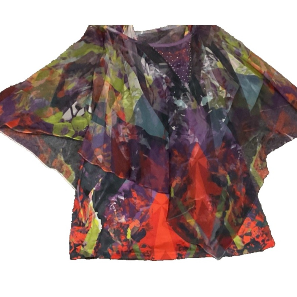 One World Embellished Sheer Flutter Sleeve Poncho Blouse Tank Boho Size XL 14/16